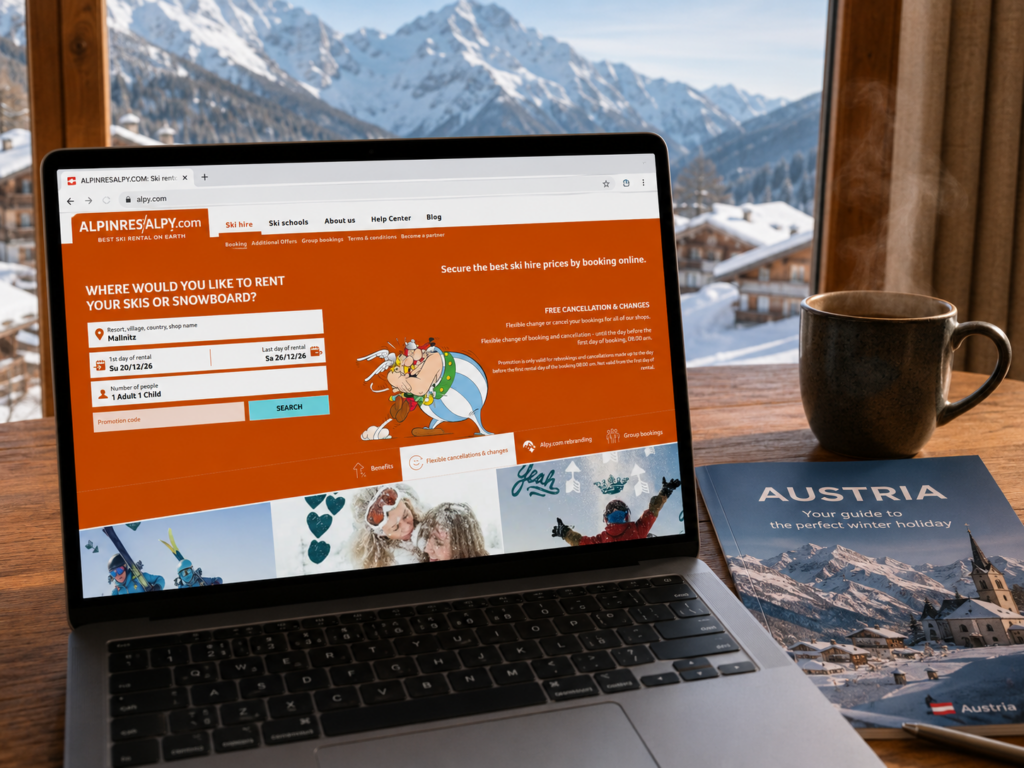 Person planning and booking ski hire in advance on a laptop at home, with mountains visible outside