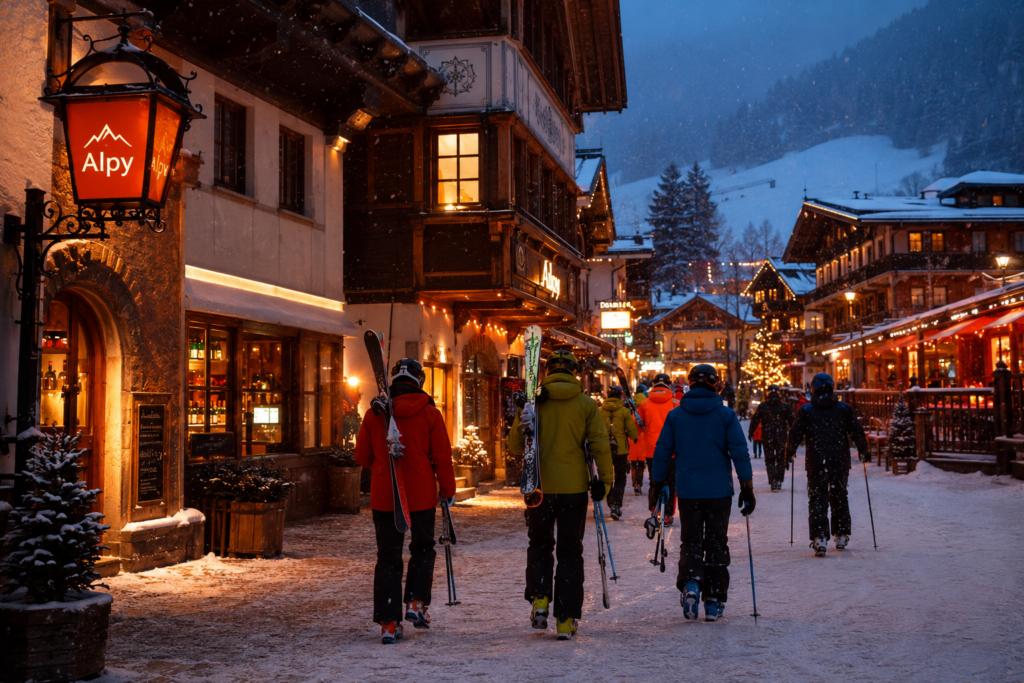 Après-ski in Ischgl — snow-covered pedestrian street at dusk with warm-lit Tyrolean bar windows
