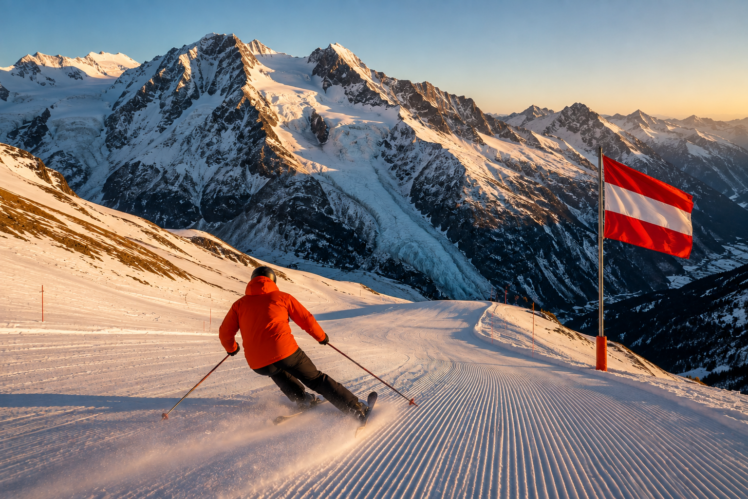 Skier in a red jacket descending a groomed piste in the Austrian Alps with glacier peaks in the background