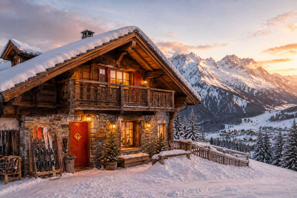 Snow-covered Alpine chalet at golden hour, representing ski holiday accommodation choices