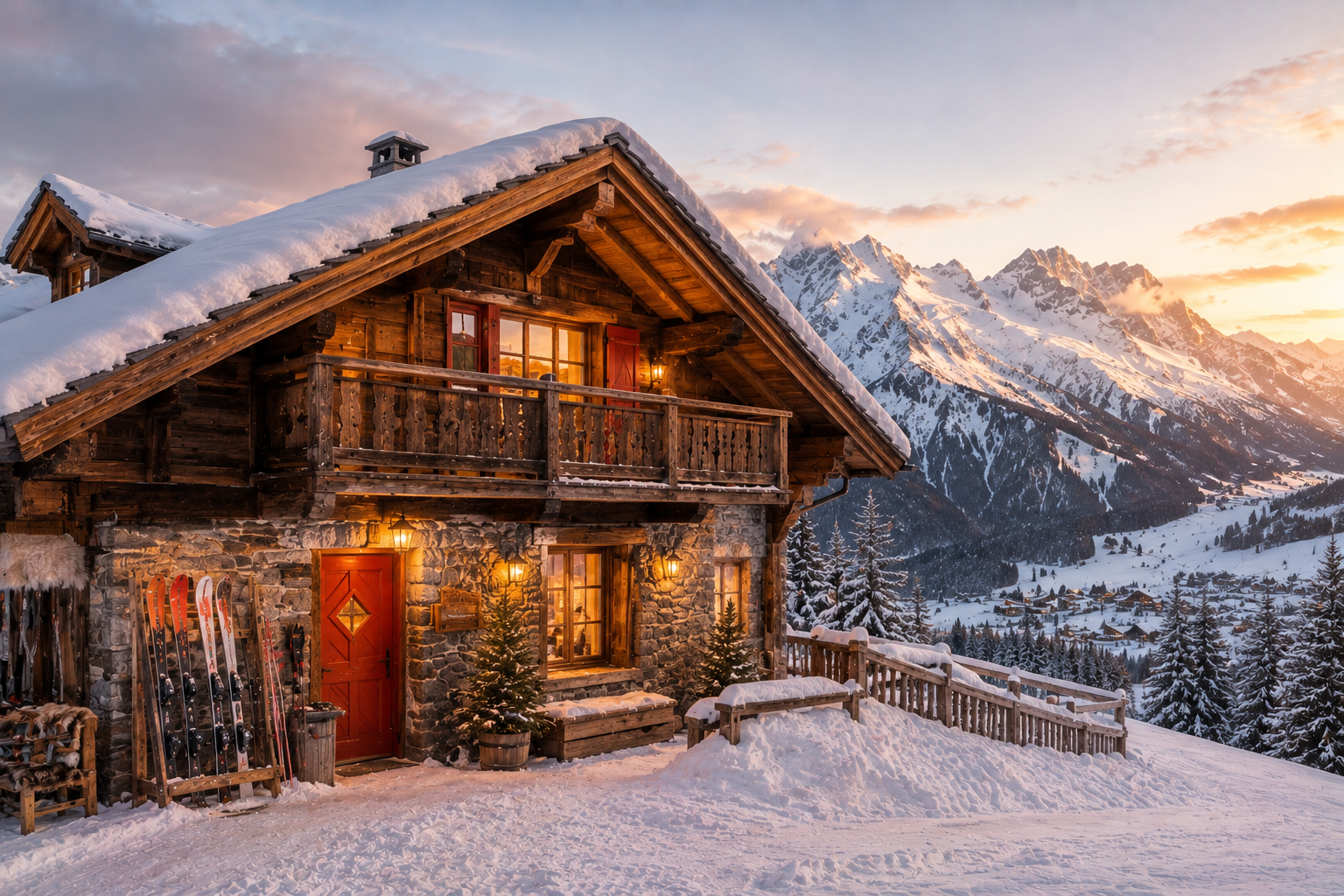 Snow-covered Alpine chalet at golden hour, representing ski holiday accommodation choices