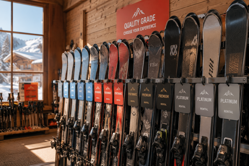 Colour-coded ski rental grade tags on a rack of skis in an alpine rental shop