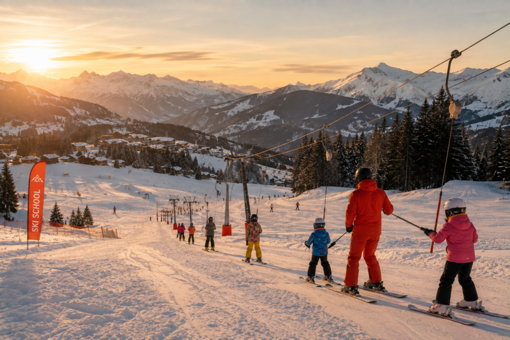 Family and friends with mixed ski levels at a beginner-friendly ski resort at golden hour