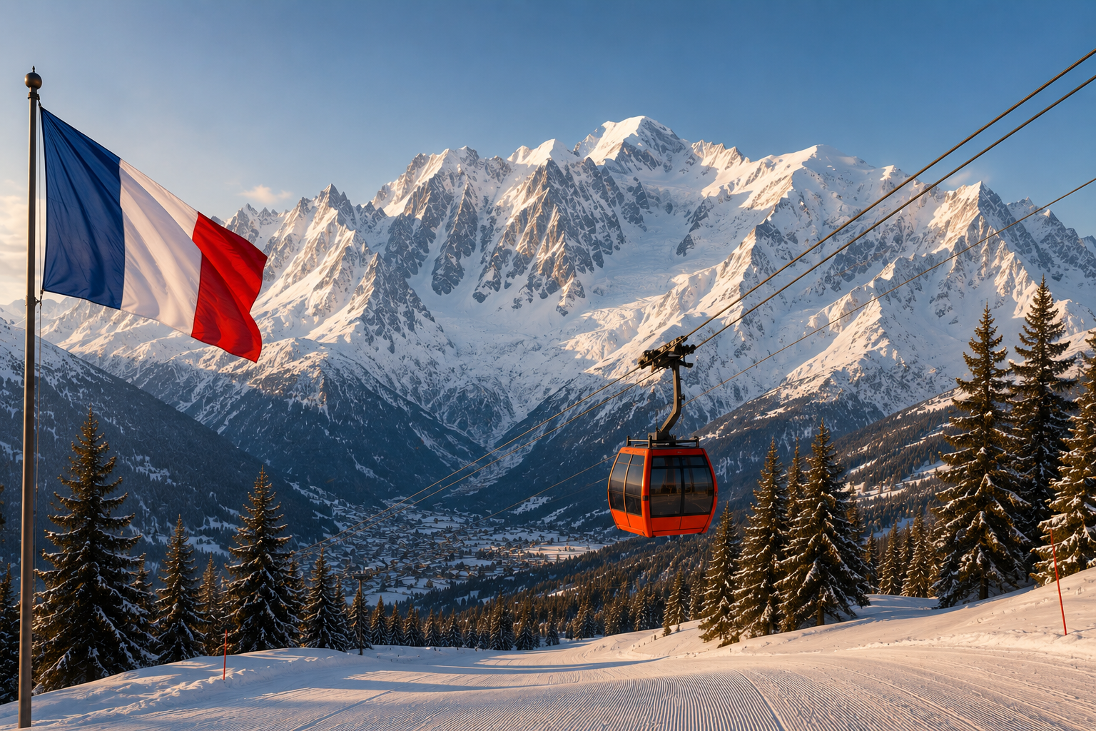Snow-capped French Alps peaks with a red gondola cabin above groomed ski pistes