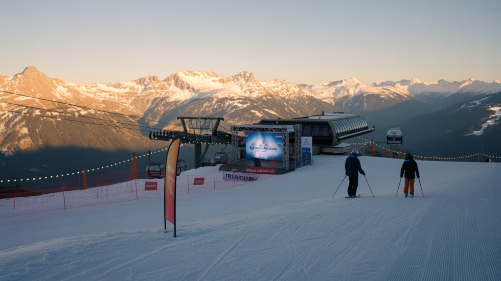 Skiers gathering at a French ski resort base area on opening weekend