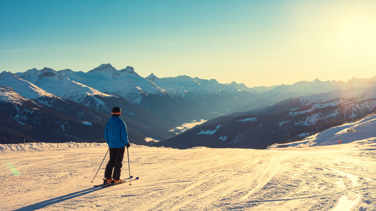 Skifahrer allein auf einer sonnigen Piste in den Alpen