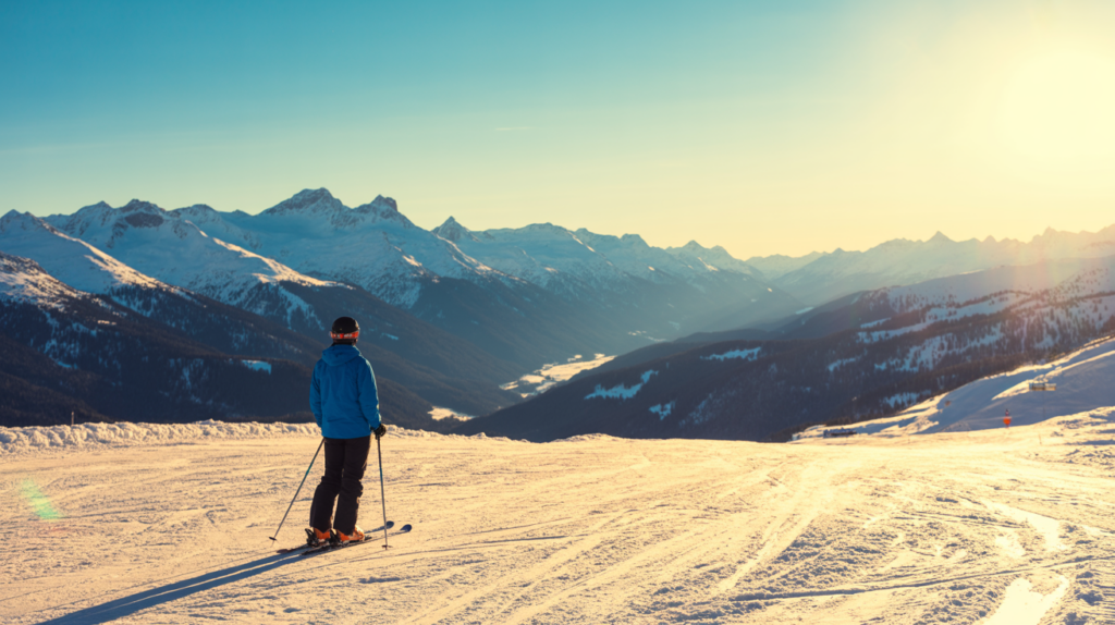 Skieur seul sur une piste ensoleillée dans les Alpes