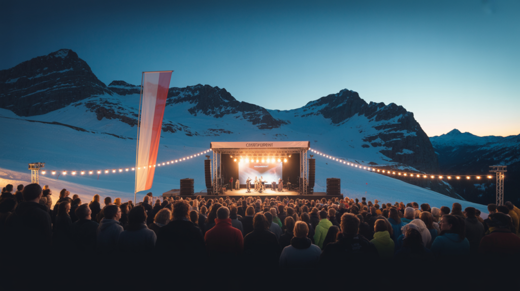 Mountain-top stage set up for a ski resort opening concert in Austria