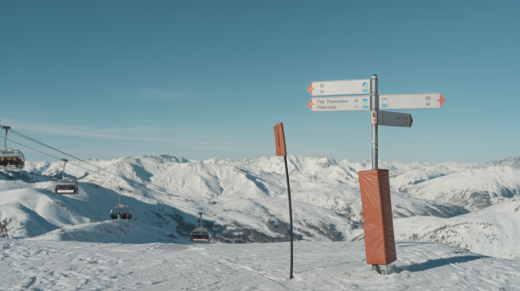 Piste marker signpost above the Val d'Isère ski slopes with mountain views