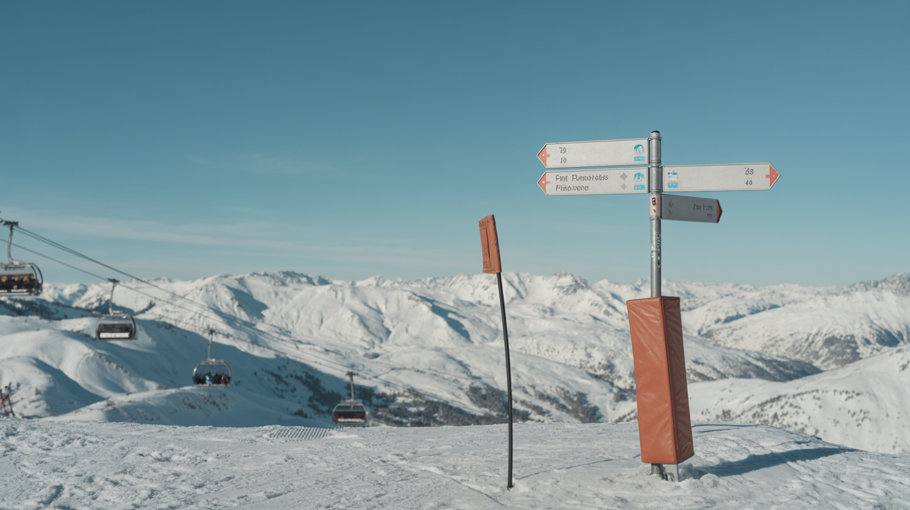 Piste marker signpost above the Val d'Isère ski slopes with mountain views