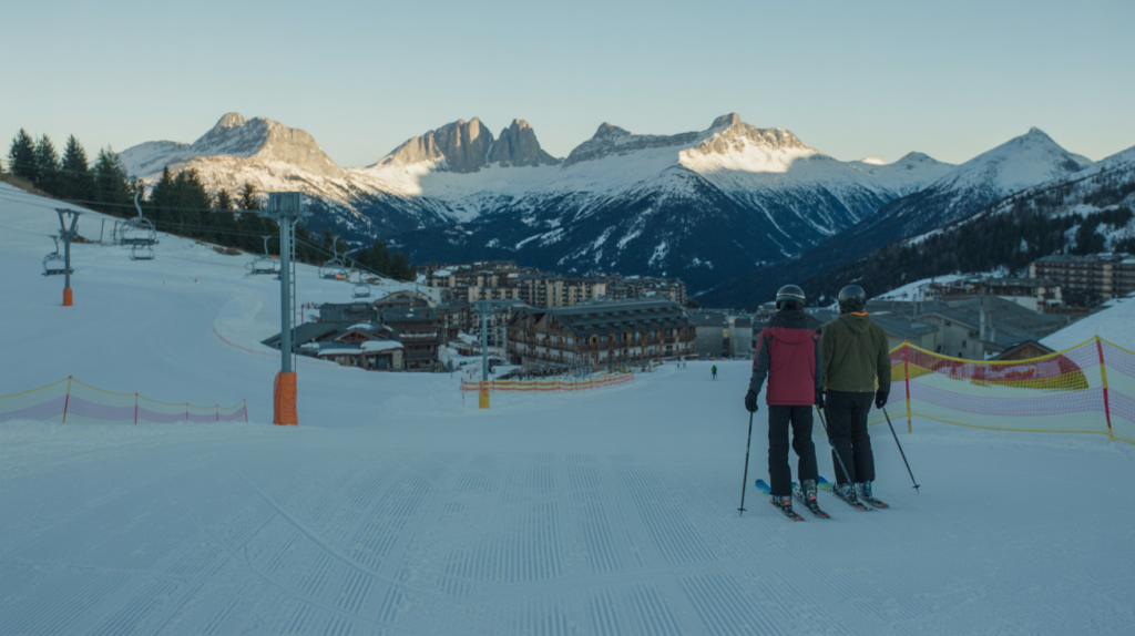 Skiers at a Pyrenean ski resort base village on opening day in Andorra