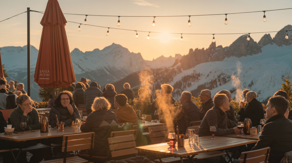 Golden-hour terrace atmosphere at an après-ski spot above Val d'Isère
