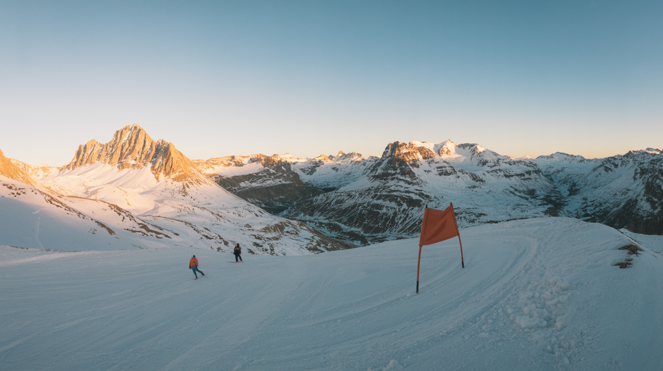 Wide alpine view of the Val d'Isère ski slopes with the Espace Killy peaks in the background