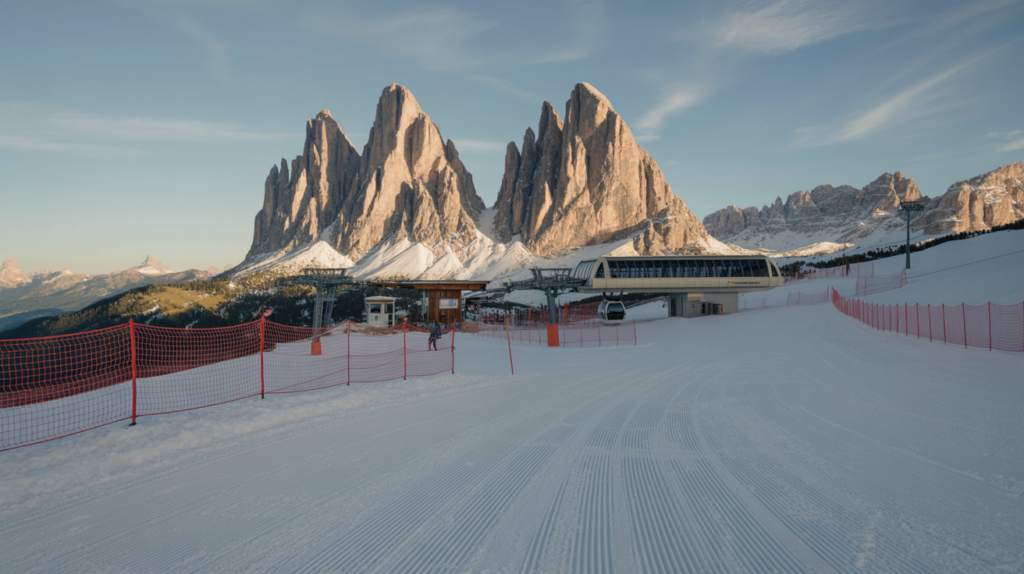 Ski resort base area in the Dolomites with distinctive rock peaks in the background