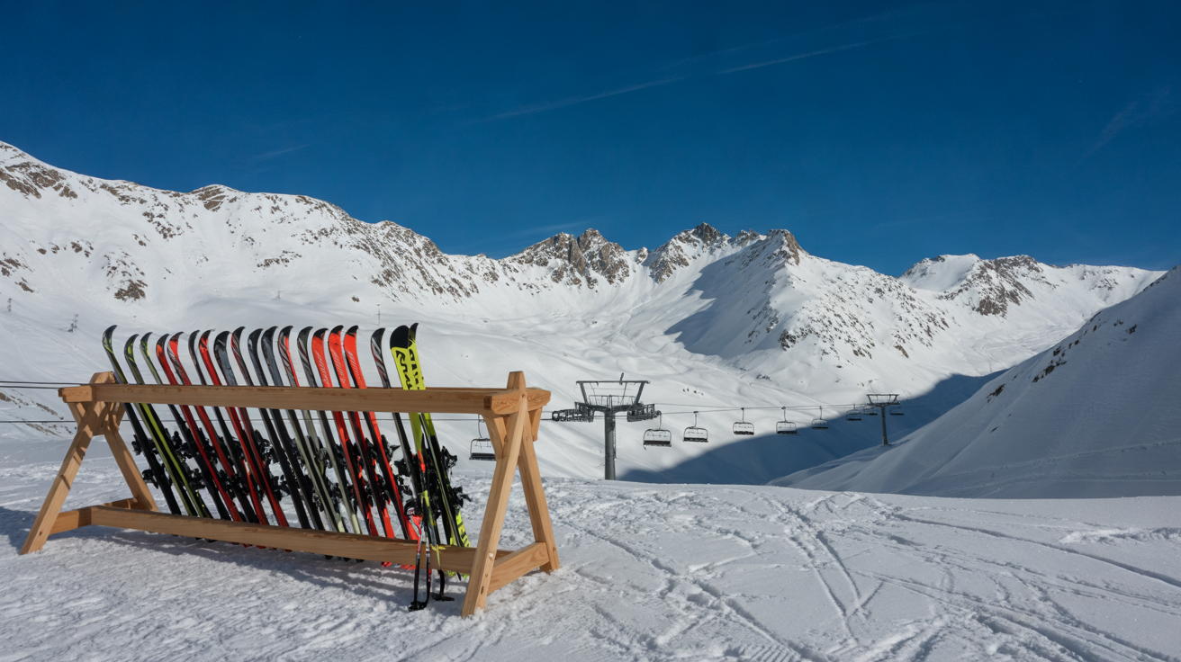 Rental skis in a wooden rack on a sunny piste with a chairlift and snowy peaks in the Silvretta ski area