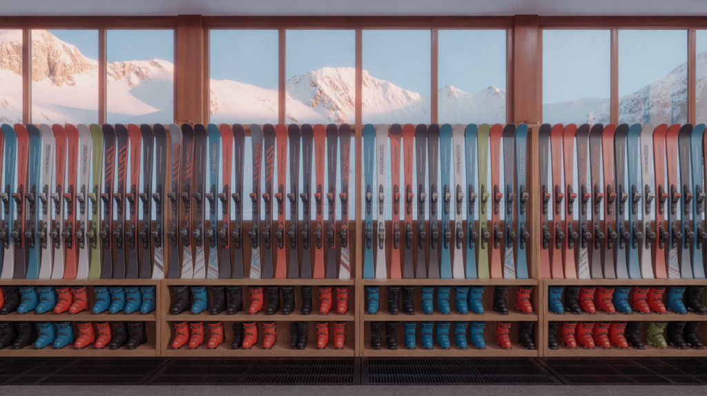 Rows of rental skis and ski boots in an alpine ski hire shop with snowy mountains outside the window