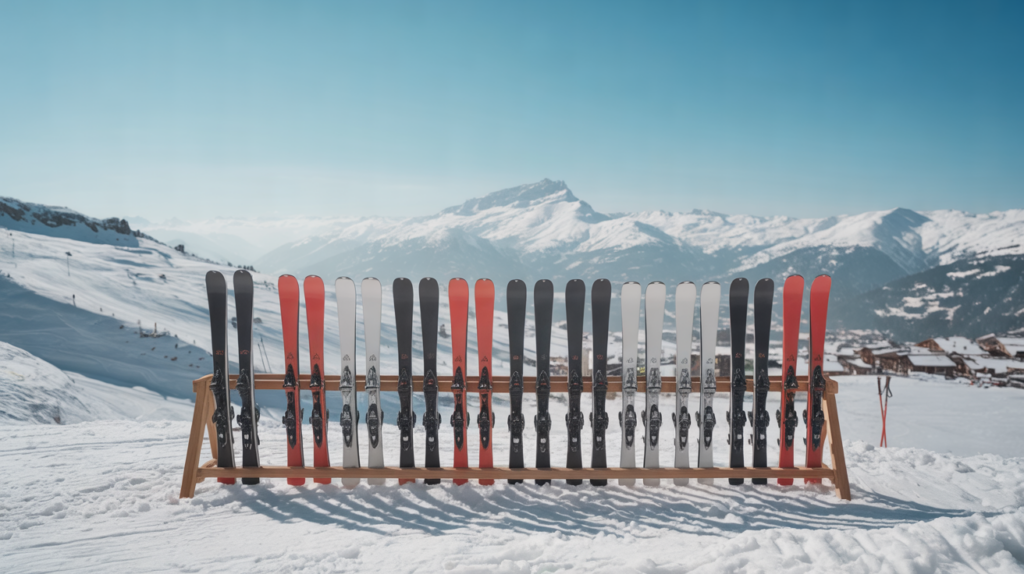 Row of rental skis in a wooden rack on a sunny slope above a French Alps resort village and snowy peaks