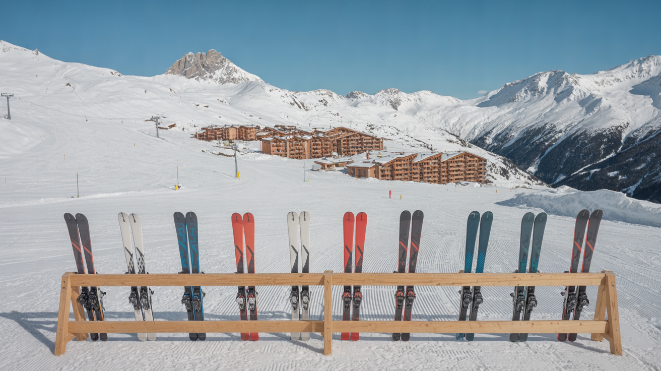 Rental skis in a wooden rack on a groomed piste above a high-altitude French resort village with snowy peaks