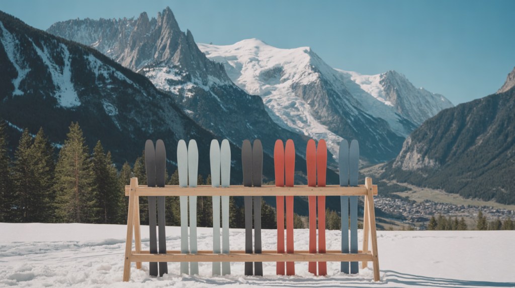 Rental skis in a wooden rack with granite peaks and the snowy Mont Blanc massif above the Chamonix valley