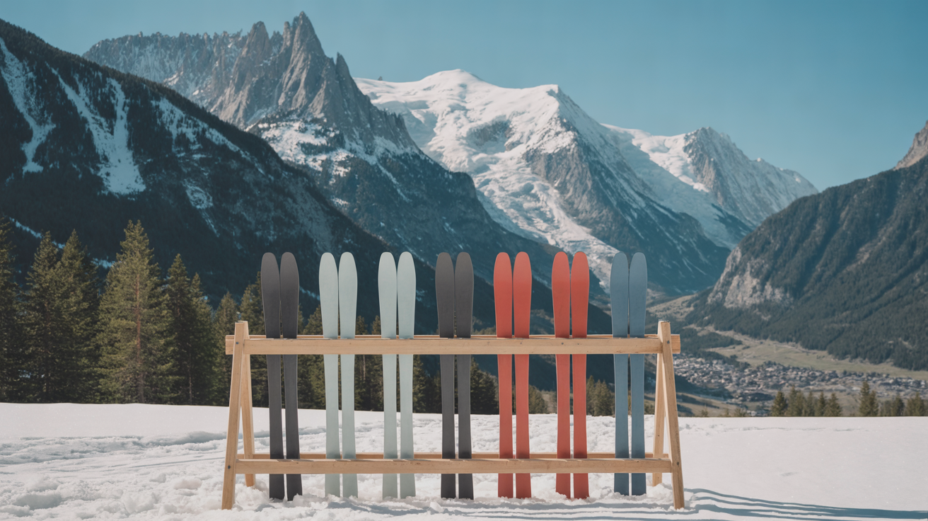 Rental skis in a wooden rack with granite peaks and the snowy Mont Blanc massif above the Chamonix valley