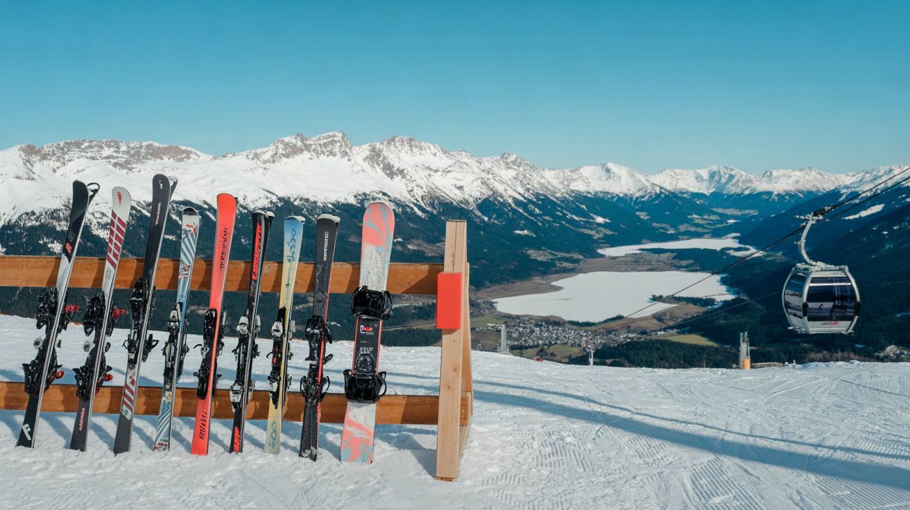 Rental skis and a snowboard in a wooden rack on a groomed piste, with a gondola and a frozen lake in the valley below
