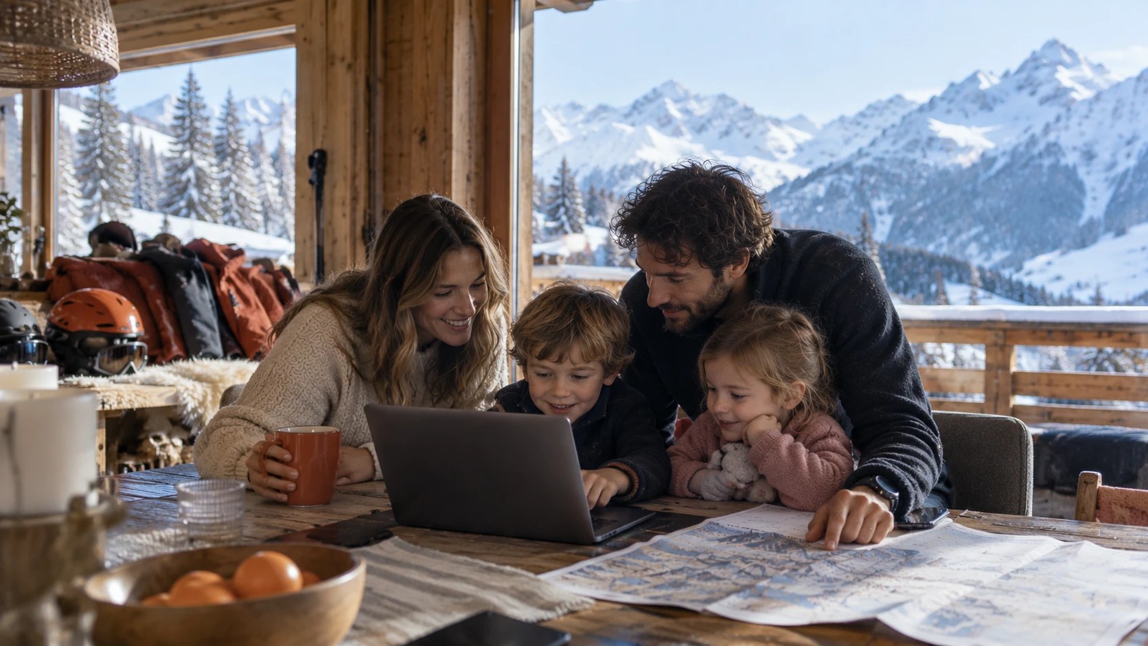 Eine vierköpfige Familie schaut lächelnd gemeinsam auf einen Laptop und eine Pistenkarte an einem Holztisch in einer Berghütte, daneben Skihelme und Jacken, durch das Fenster schneebedeckte Alpengipfel