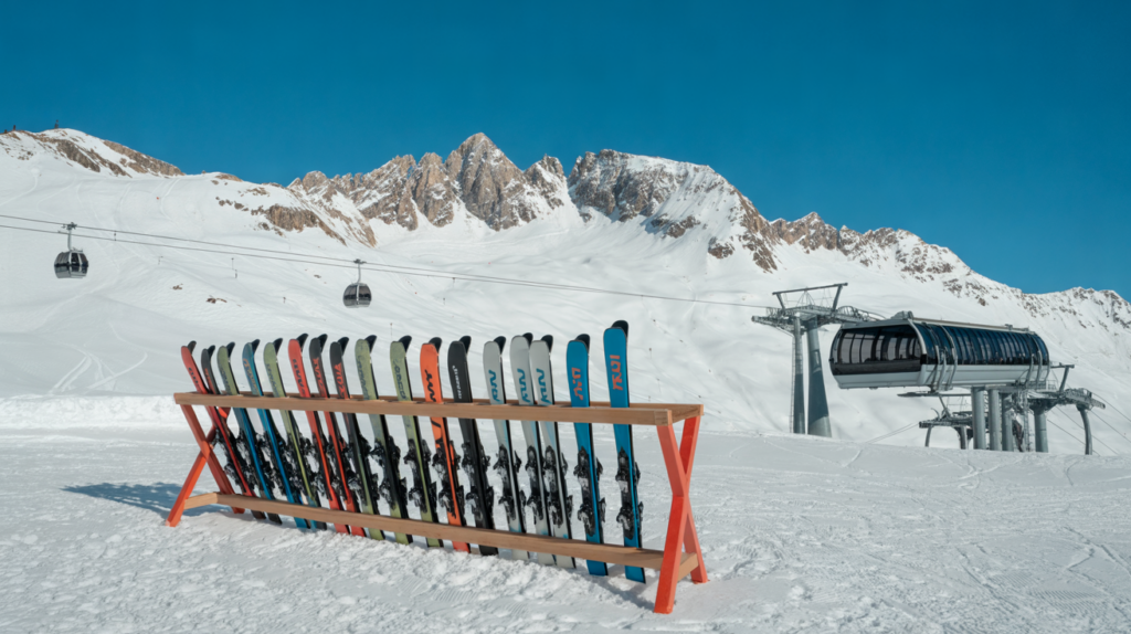Rental skis in a red ski rack on a sunny glacier piste with a gondola and rocky Tyrolean peaks behind