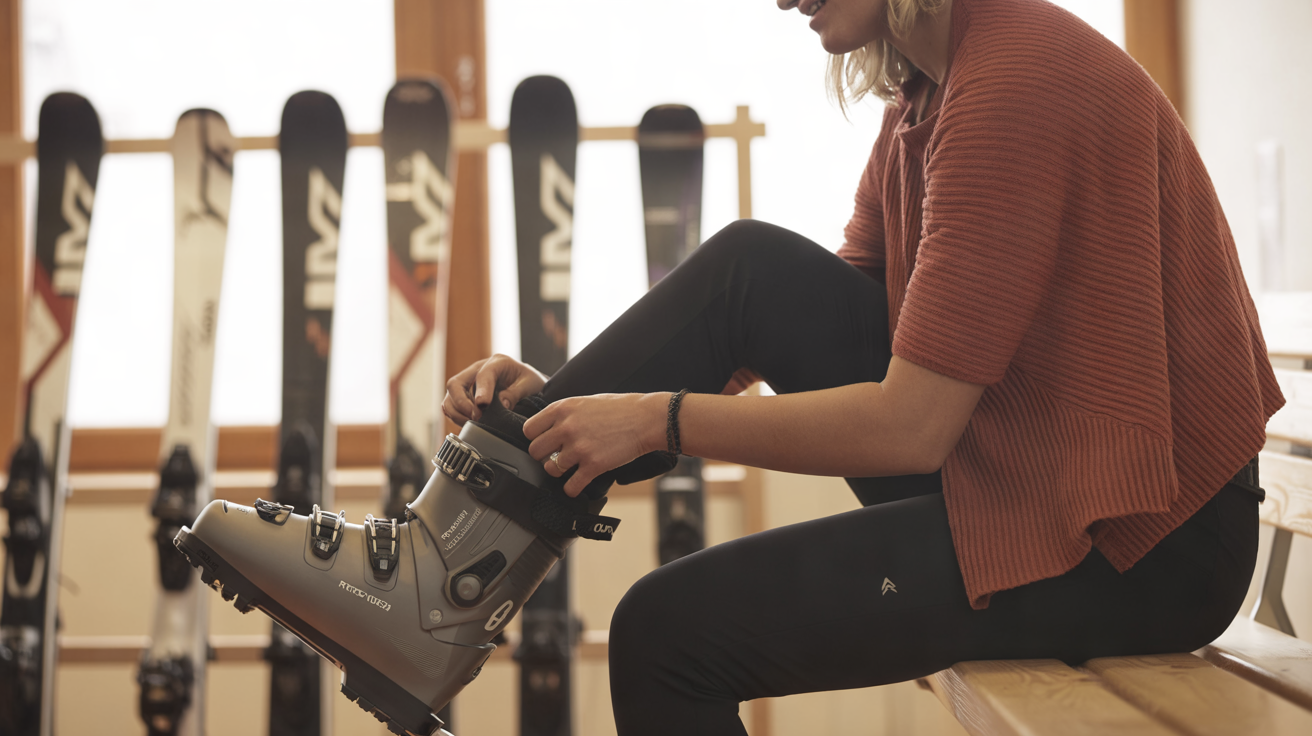 Woman sitting on a bench in a ski rental shop buckling a ski boot, with skis on a rack behind her