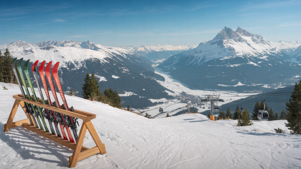 Rental skis in a wooden rack on a piste above a wide Tyrolean valley with a gondola and snowy peaks