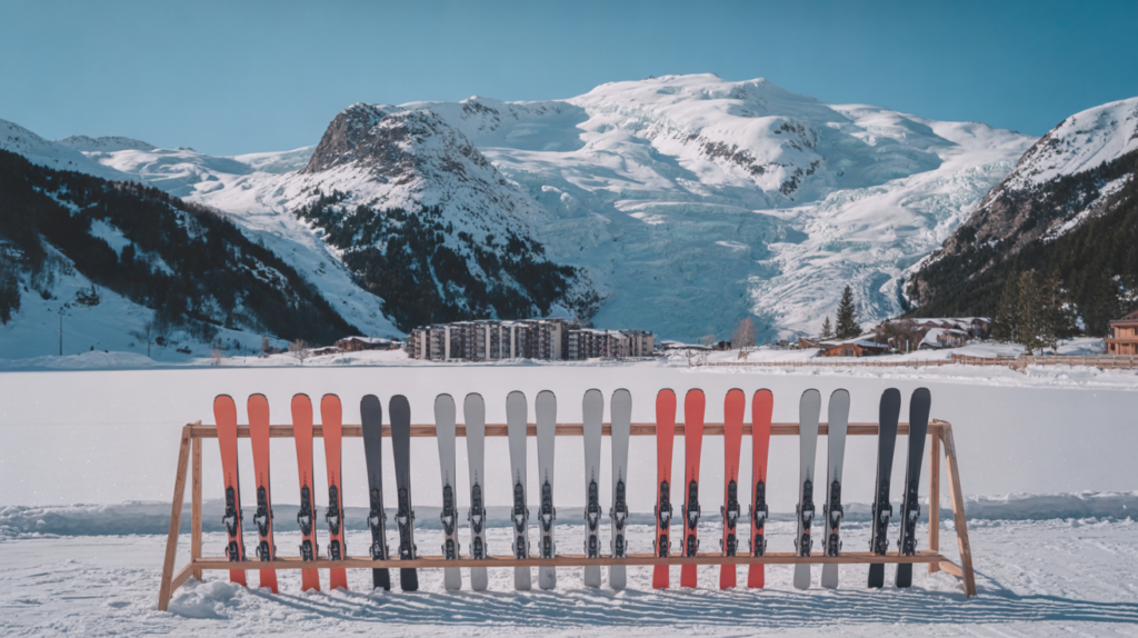 Row of rental skis in a wooden rack beside a frozen lake, with resort buildings and a glacier mountain behind